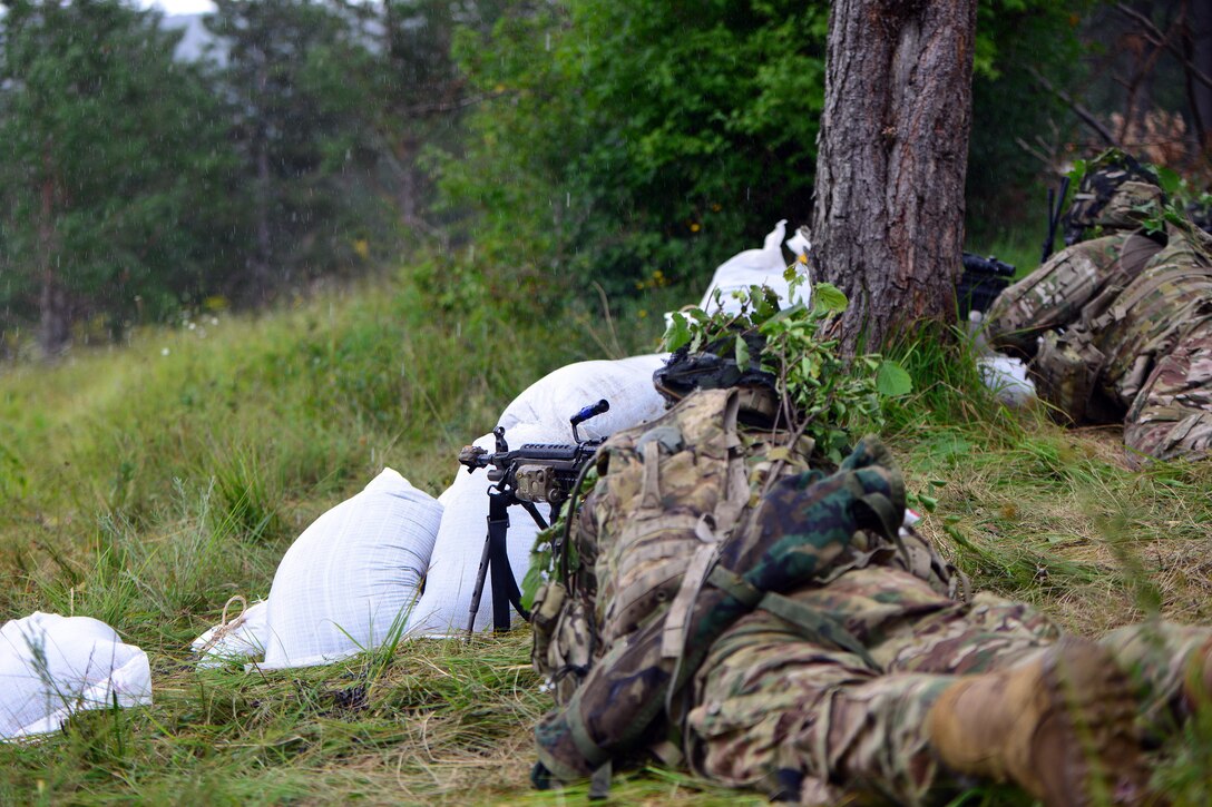 Army paratroopers engage targets during Exercise Rock Knight at Pocek Range in Postonja, Slovenia, July 24, 2017. Army photo by Davide Dalla Massara