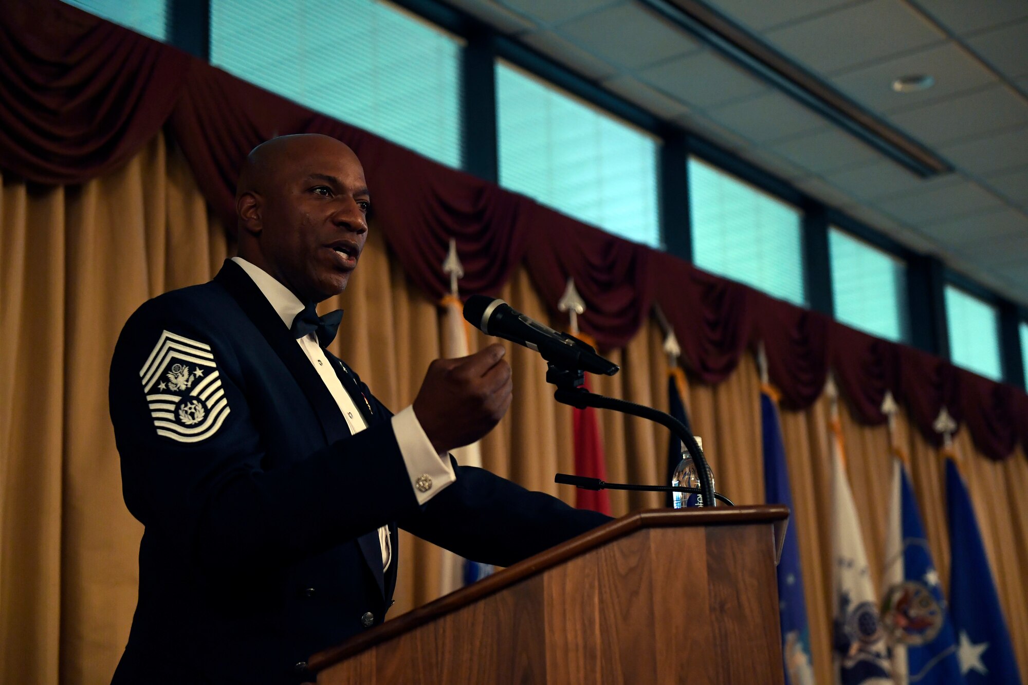 Chief Master Sgt. of the Air Force Kaleth O. Wright addresses the Air Force's newest senior NCOs at the senior NCO induction ceremony at Joint Base McGuire-Dix-Lakehurst, New Jersey, July 21. Wright expressed his hopes for the new senior NCOs, and spoke about motivating and caring for Airmen.