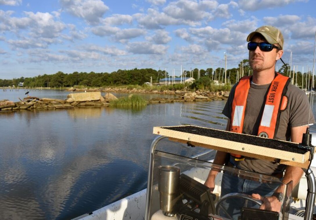 Mobile District coastal engineer, Richard Allen, heads out into the Mobile Bay to service gauges that are part of the extensive data-collection effort in the bay and delta for the Mobile Harbor General Re-Evaluation Report.