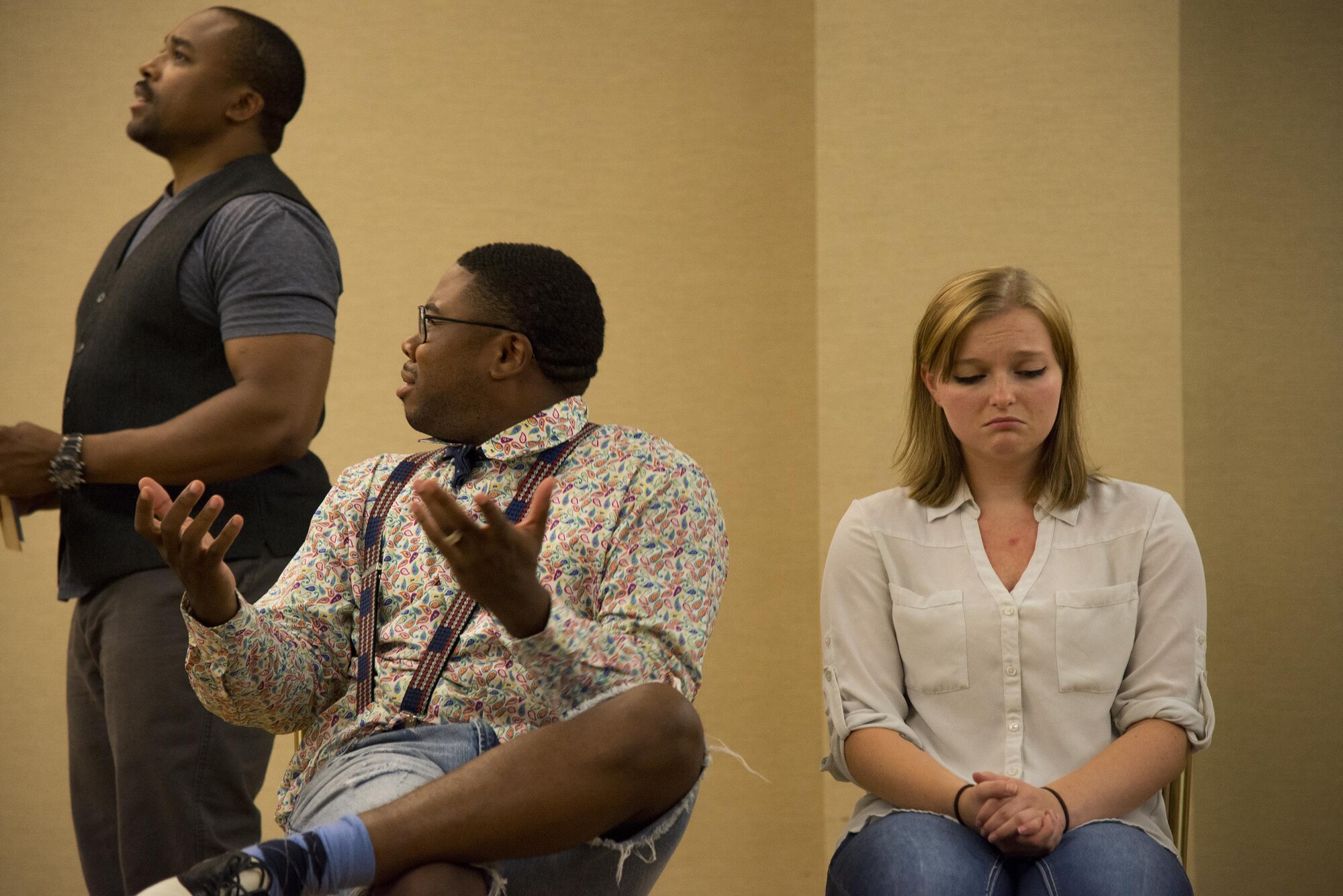 Airmen act out a scene during the play, “The Customer is Always Wrong,” at Moody Air Force Base, Ga., July 19, 2017. Every year Moody’s Thespian Club performs a theatrical production that brings together Airmen from around base. (U.S. Air Force photo by Airman 1st Class Erick Requadt)