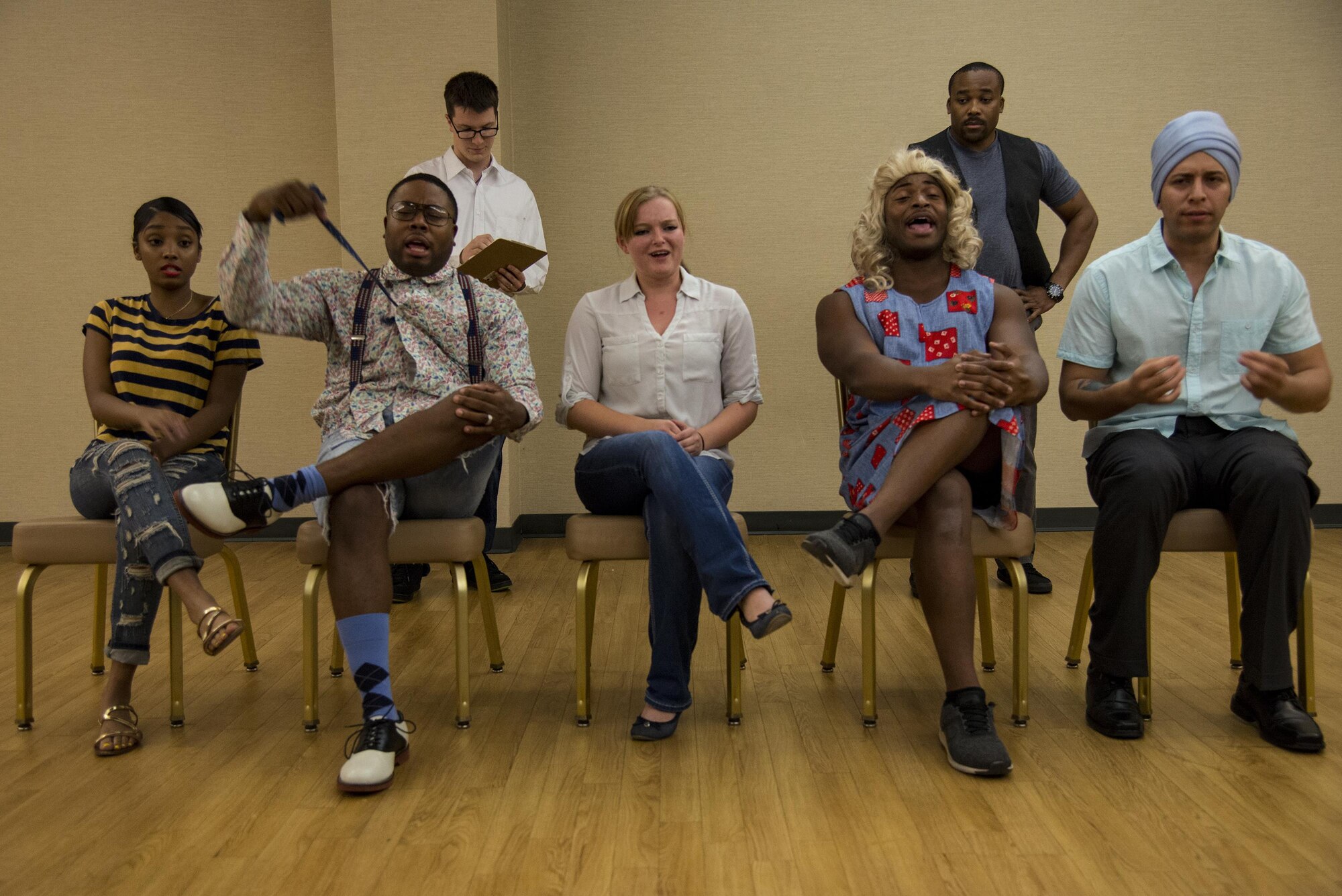 Airmen act out a scene in the play, “The Customer is Always Wrong,” at Moody Air Force Base, Ga., July, 19, 2017. Every year Moody’s Thespian Club performs a theatrical production that brings together Airmen from around base. (U.S. Air Force photo by Airman 1st Class Erick Requadt)