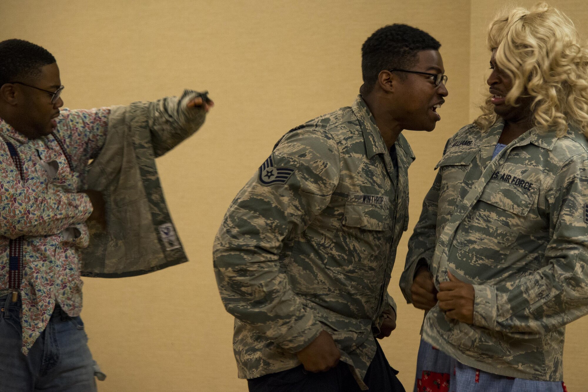 Airmen act out a scene in the play, “The Customer is Always Wrong,” at Moody Air Force Base, Ga., July, 19, 2017. Every year Moody’s Thespian Club performs a theatrical production that brings together Airmen from around base. (U.S. Air Force photo by Airman 1st Class Erick Requadt)