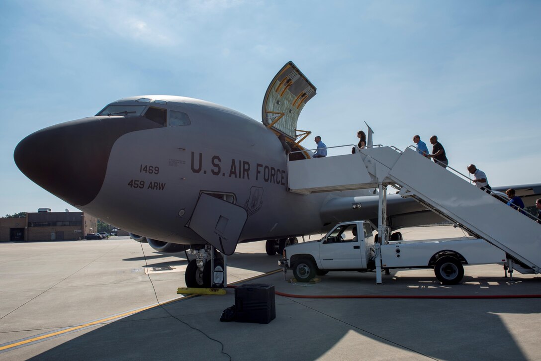 Civic leaders with the Andrews Business Alliance board a 459th Air Refueling Wing KC-135R Stratotanker on Joint Base Andrews, Maryland, July 21, 2017, prior to a flight. The 459th provides in-flight refueling capabilities to joint mission partners across the world, during exercises, deployments and contingencies. (U.S. Air Force photo/Senior Airman Ryan J. Sonnier)