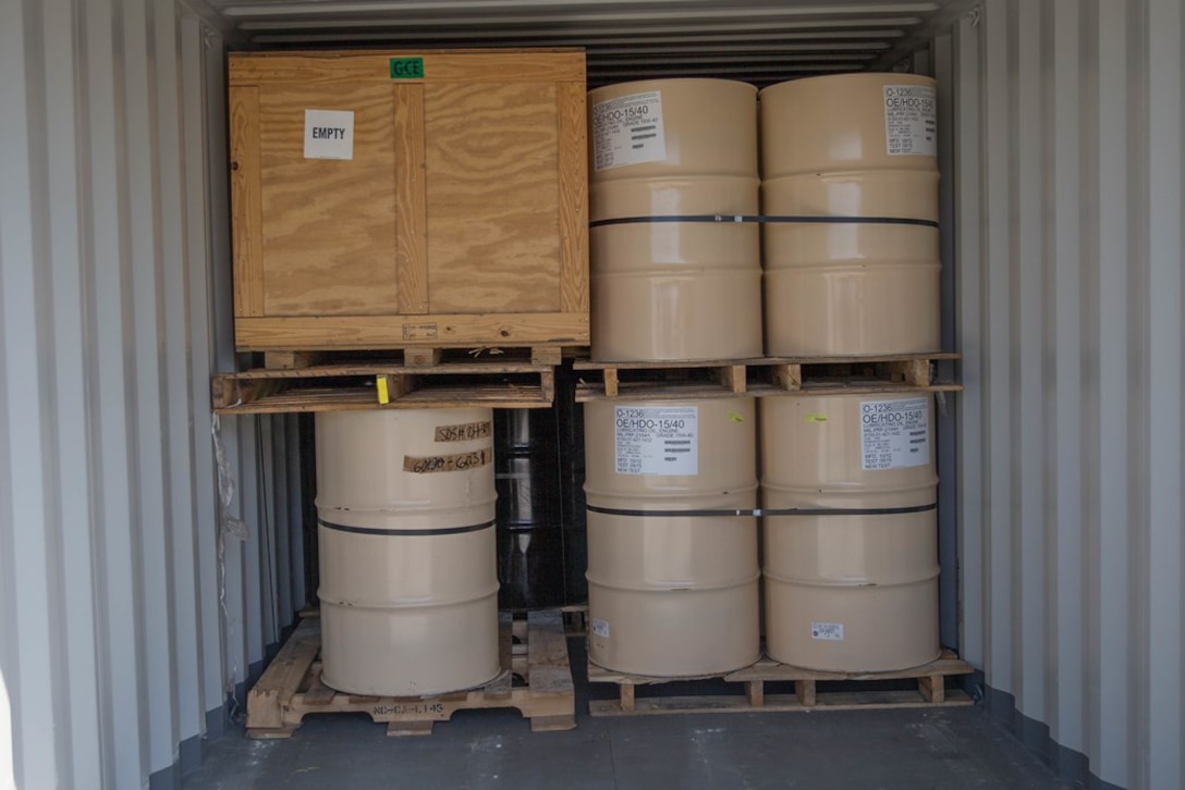 U.S. Marine Corps equipment is displayed stacked inside of a shipping container during a container management period of instruction during Pacific Horizon on Camp Pendleton, Calif., July 12, 2017. Pacific Horizon 2017 is a Maritime Prepositioning Force (MPF) exercise designed to train I Marine Expeditionary Force (I MEF) and components of Naval Beach Group 1 (NBG-1) Marines and Sailors on arrival and assembly operations as well as follow-on Marine Air Ground Task Force actions to ensure that the right equipment, supplies and tools get to the right people to be employed in a crisis response, humanitarian assistance and amassing combat power ashore from sea. (U.S. Marine Corps photo by Lance Cpl. Roxanna Gonzalez)