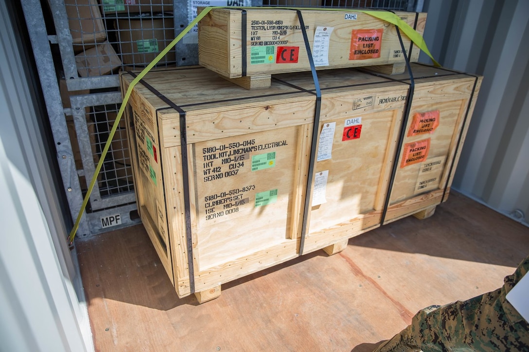 U.S. Marine Corps equipment is displayed stacked inside of a shipping container during a container management period of instruction during Pacific Horizon on Camp Pendleton, Calif., July 12, 2017. Pacific Horizon 2017 is a Maritime Prepositioning Force (MPF) exercise designed to train I Marine Expeditionary Force (I MEF) and components of Naval Beach Group 1 (NBG-1) Marines and Sailors on arrival and assembly operations as well as follow-on Marine Air Ground Task Force actions to ensure that the right equipment, supplies and tools get to the right people to be employed in a crisis response, humanitarian assistance and amassing combat power ashore from sea. (U.S. Marine Corps photo by Lance Cpl. Roxanna Gonzalez)