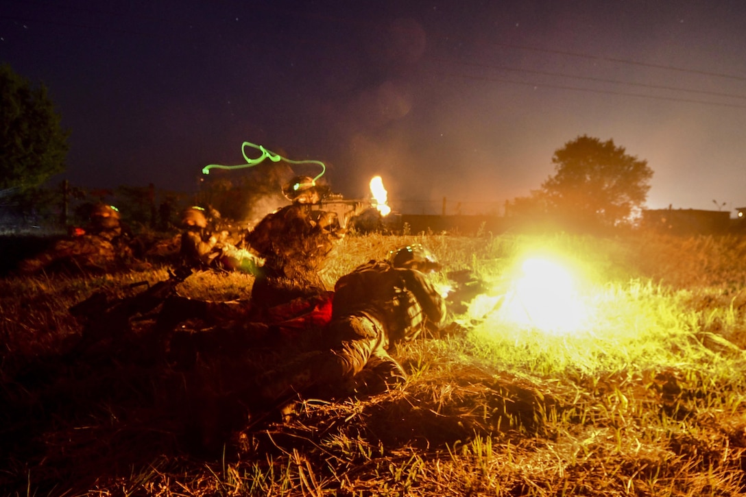 U.S., Italian and Romanian soldiers participate in an exercise to seize an airfield during Saber Guardian 17 at Turzii, Romania, July 24, 2017. The annual exercise aims to assure allies and partners of the enduring U.S. commitment to the collective defense and prosperity of the Black Sea region. Army photo by Sgt. Timothy Pike