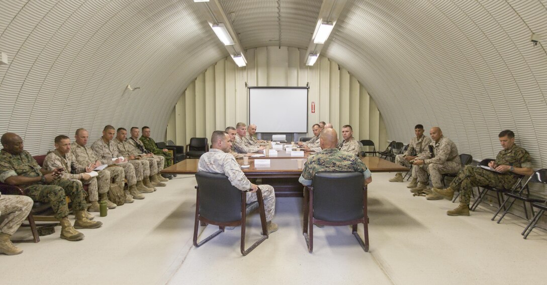 Commandant of the Marine Corps Gen. Robert B. Neller meets with 8th Marine Regiment leadership at Marine Corps Air Ground Combat Center Twentynine Palms, Calif., July 19, 2017. Neller visited Twentynine Palms to speak with Marines about how they should treat each other and the importance of our culture. (U.S. Marine Corps photo by Cpl. Samantha K. Braun)