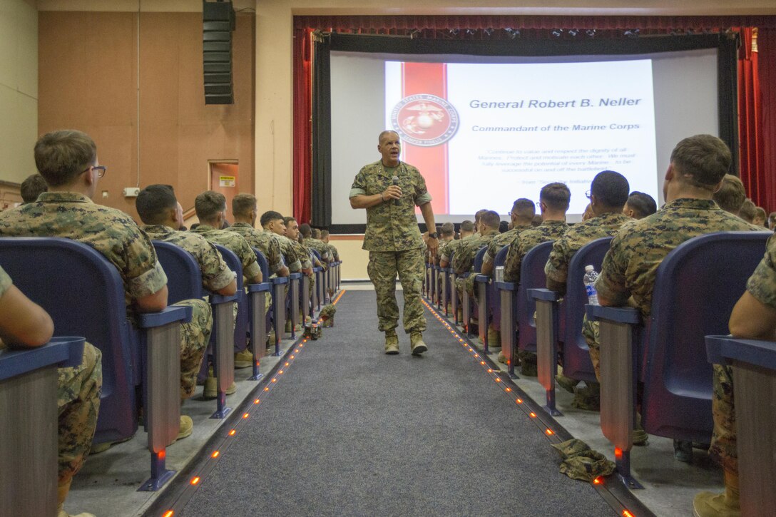 Commandant of the Marine Corps Gen. Robert B. Neller speaks to Marines at Marine Corps Air Ground Combat Center Twentynine Palms, Calif., July 19, 2017. Neller spoke to the Marines about how they should treat each other and the importance of our culture. (U.S. Marine Corps photo by Cpl. Samantha K. Braun)