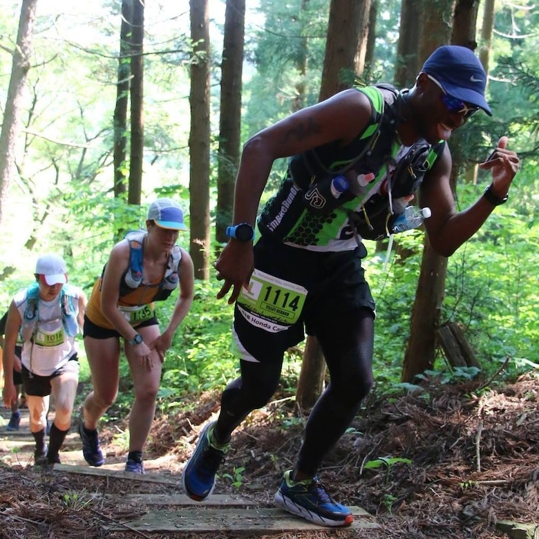 U.S. Air Force Tech. Sgt. Gerard Tilley, the 35th Maintenance Group education and training manager, runs during a marathon at the Nakuidake Trail Festival in Shichinohe, Japan, May 21, 2017. Tilley began his running career in 2008 when he decided to make a healthy change to his life during his time at Luke Air Force Base, Arizona. After arriving at Misawa, he joined the Misawa Flyers Running group, who meet weekly. (Courtesy photo)