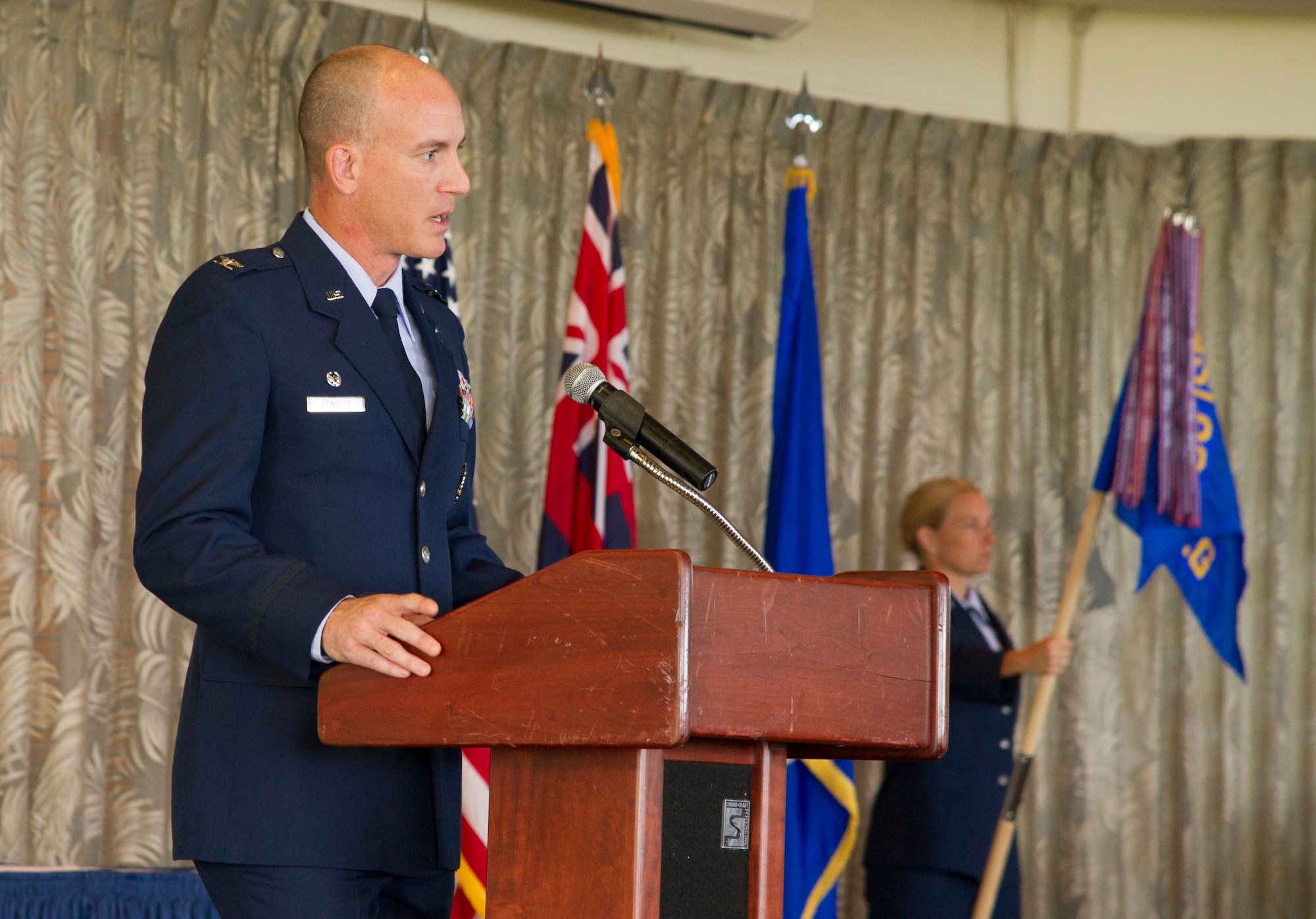 Col. David Dengler, 692nd Intelligence, Surveillance and Reconnaissance Group commander, gives the closing remarks during the 692 ISRG Change of Command Ceremony, Joint Base Pearl Harbor-Hickam, Hawaii, July 17, 2017. The 692 ISRG The 692 ISRG, headquartered at Joint Base Pearl Harbor-Hickam, Hawaii, processes, exploits and disseminates ISR data collected by U-2, Predator, and Global Hawk aircraft.