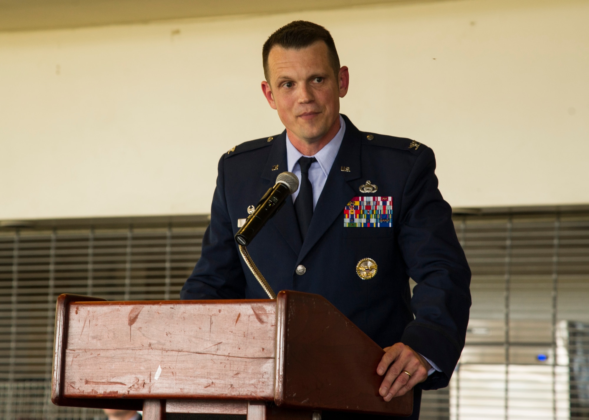 Col. Jason Brown, 480th Intelligence, Surveillance and Reconnaissance Wing commander, gives the opening comments during the 692nd Intelligence, Surveillance and Reconnaissance Group Change of Command Ceremony, Joint Base Pearl Harbor-Hickam, Hawaii, July 17, 2017. The 692 ISRG, headquartered at Joint Base Pearl Harbor-Hickam, Hawaii, processes, exploits and disseminates ISR data collected by U-2, Predator and Global Hawk aircraft. (U.S. photo by Tech. Sgt. Heather Redman)