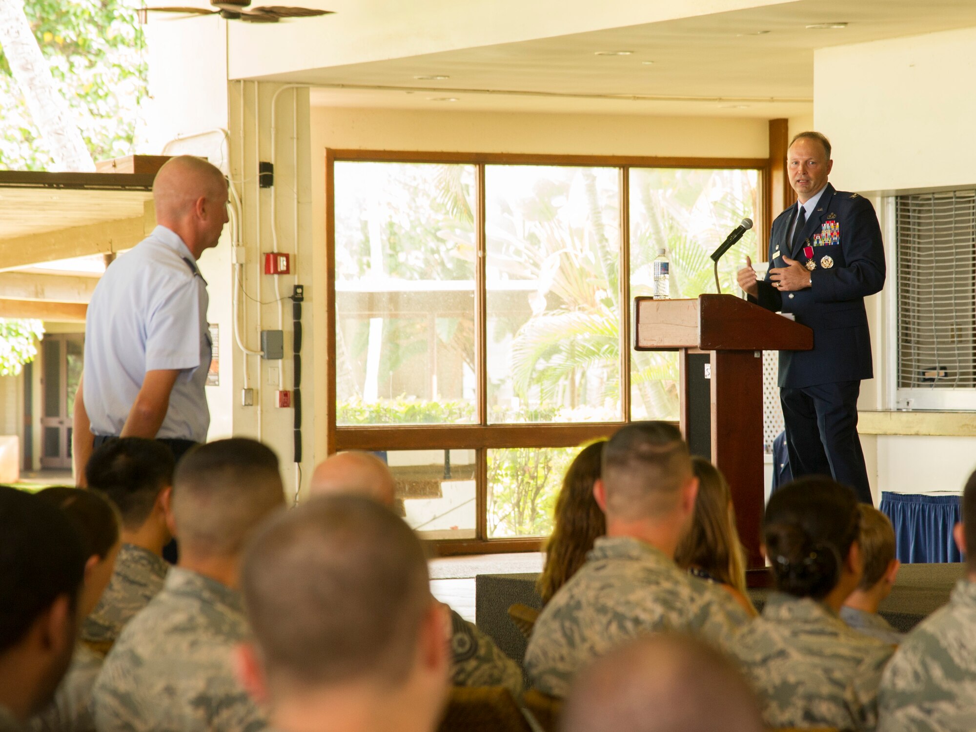 Col. Chad Hartman, former commander of the 692nd Intelligence, Surveillance and Reconnaissance Group, thanks the men and women of his command for their service and dedication during the 692 ISRG Change of Command Ceremony, Joint Base Pearl Harbor-Hickam, Hawaii, July 17, 2017. The 692 ISRG, headquartered at Joint Base Pearl Harbor-Hickam, Hawaii, processes, exploits and disseminates ISR data collected by U-2, Predator and Global Hawk aircraft. (U.S. photo by Tech. Sgt. Heather Redman)