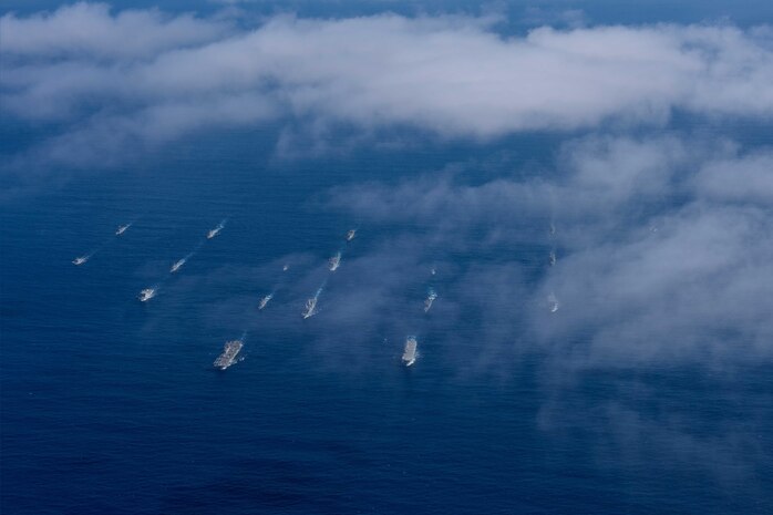 170722-N-OY799-223 CORAL SEA (July 22, 2017) U.S. and Australian naval ships, including ships from the USS Ronald Reagan Carrier Strike Group, USS Bonhomme Richard Expeditionary Strike Group, and Australian amphibious, combatant, support and advance force ships, sail in formation during Talisman Saber 2017.  Talisman Saber 2017 is a realistic and challenging exercise that improves both U.S. and Australia’s ability to work together in the Indo-Asia-Pacific region.   (U.S. Navy photo by Mass Communication Specialist 2nd Class Kenneth Abbate/Released)