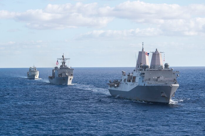 170722-N-YG104-011 CORAL SEA (July 22, 2017) The amphibious transport dock USS Green Bay (LPD 20), the dock landing ship USS Ashland (LSD 48) and a Royal Australian Navy replenishment oiler HMAS Success (OR 304) steam along as ships from the U.S., Australia, and New Zealand sail together in formation to culminate Talisman Saber 17. Talisman Saber is a biennial U.S. bilateral exercise held off the coast of Australia meant to achieve interoperability and strengthen the U.S.-Australia alliance. (U.S. Navy photo by Mass Communication Specialist 2nd Class Sarah Villegas/Released)