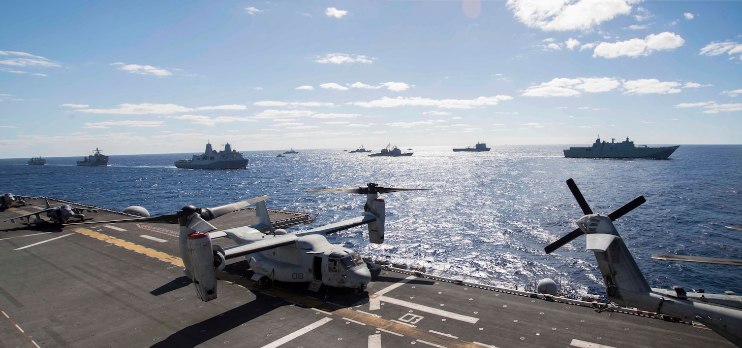 170722-N-YG104-030 CORAL SEA (July 22, 2017) Ships from the U.S., Australia, and New Zealand sail together in formation to culminate Talisman Saber 17. Talisman Saber is a biennial U.S. bilateral exercise held off the coast of Australia meant to achieve interoperability and strengthen the U.S.-Australia alliance. (U.S. Navy photo by Mass Communication Specialist 2nd Class Sarah Villegas/Released)
