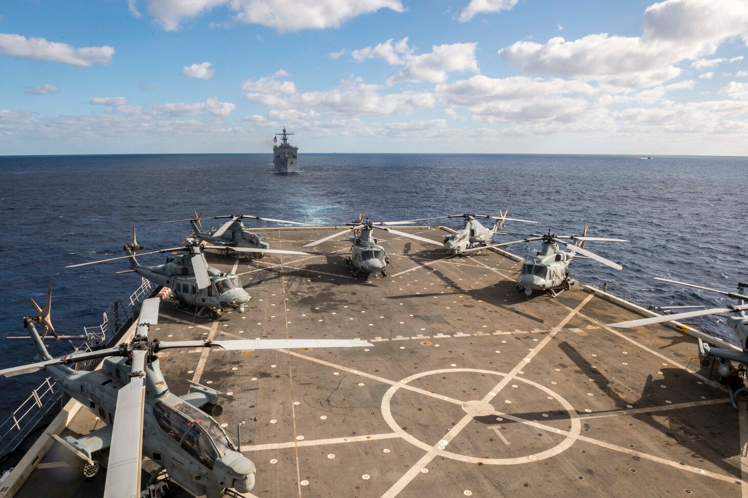 170722-N-ZL062-019 CORAL SEA (July 22, 2017) The amphibious transport dock USS Green Bay (LPD 20) and the amphibious dock landing ship USS Ashland (LSD 48) steam together during a 19-ship formation with U.S.-Australian-New Zealand ships at the conclusion of Talisman Saber 17. Talisman Saber is a biennial U.S.-Australia bilateral exercise held off the coast of Australia meant to achieve interoperability and strengthen the U.S.-Australia alliance. (U.S. Navy photo by Mass Communication Specialist 3rd Class Sarah Myers/Released)