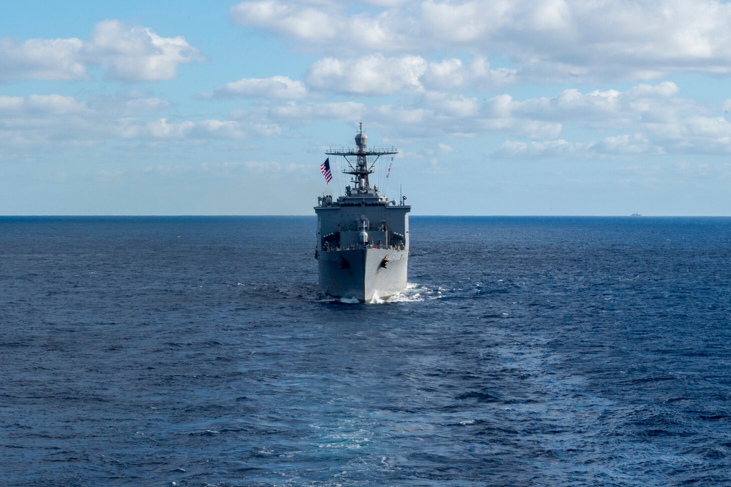 170722-N-ZL062-021 CORAL SEA (July 22, 2017) The amphibious dock landing ship USS Ashland (LSD 48) steams in a 19-ship formation with U.S.-Australian-New Zealand ships at the conclusion of Talisman Saber 17. Talisman Saber is a biennial U.S.-Australia bilateral exercise held off the coast of Australia meant to achieve interoperability and strengthen the U.S.-Australia alliance. (U.S. Navy photo by Mass Communication Specialist 3rd Class Sarah Myers/Released)