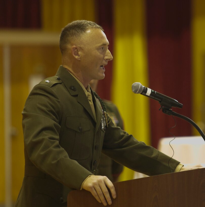 Lt. Col. Gregory P. Gordon, the commanding officer of 1st Battalion, 6th Marine Regiment delivers a speech for the Marines in celebration of the 100-year anniversary of their unit at Camp Lejeune, N.C., July 21, 2017. Marines celebrated the unit’s 100-year anniversary with a rededication ceremony, dinner and a night of 