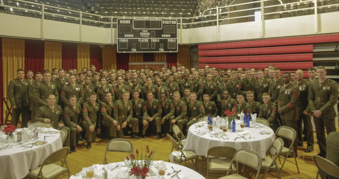 Marines with Bravo Company, 1st Battalion, 6th Marine Regiment, come together for a group photo at Camp Lejeune, N.C., July 21, 2017. Marines celebrated the unit’s 100-year anniversary with a rededication ceremony, dinner and a night of shared camaraderie. (U.S. Marine Corps photo by Lance Cpl. Leynard Kyle Plazo.)


