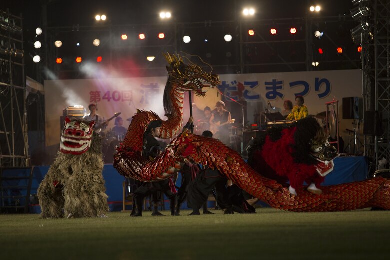 Performers dance during “The Picture Scrolls of the Three Great Urasoe Kings” in the 40th Annual Tedako Matsuri Festival July 22 in Urasoe City, Okinawa, Japan. The Shisi-mai and Dragon Dance were performed. The festival is a way for the people of Urasoe City to pay their respects to King Eiso, a powerful king of the Ryukyu Kingdom.