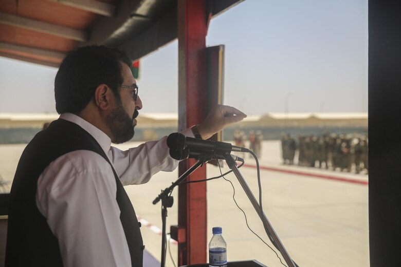 Hayatullah Hayat, the governor of Helmand Province, addresses soldiers with 2nd Kandak, 4th Brigade, 215th Corps during a graduation ceremony at Camp Shorabak, Afghanistan, July 24, 2017. Approximately 600 soldiers with the unit completed an eight-week operational readiness cycle with assistance from U.S. Marine advisors assigned to Task Force Southwest. The ORC is designed to bolster the students’ warfighting capabilities as a means to defeat insurgency and enhance security throughout the region. (U.S. Marine Corps photo by Sgt. Lucas Hopkins)