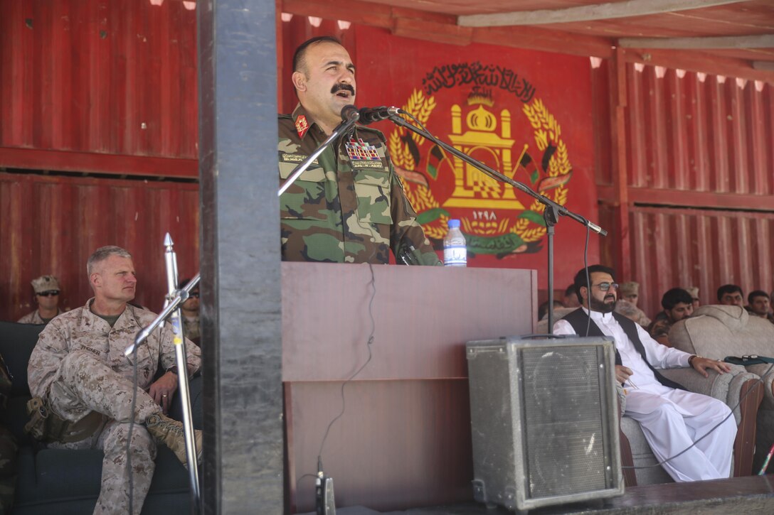 Afghan National Army Brig. Gen. Wali Mohammed Ahmadzai, the commanding general of 215th Corps, addresses soldiers with 2nd Kandak, 4th Brigade, 215th Corps during a graduation ceremony at Camp Shorabak, Afghanistan, July 24, 2017. Approximately 15 Marine advisors assisted their Afghan counterparts throughout an operational readiness cycle, an eight-week training program teaching soldiers infantry skills and weapons techniques in order to thwart enemy presence in Helmand Province. (U.S. Marine Corps photo by Sgt. Lucas Hopkins)