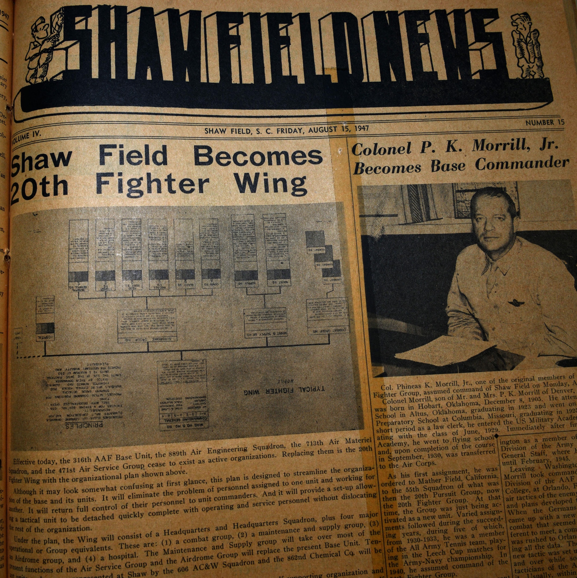 The Aug. 15, 1947 edition of the Shaw Field News announces the creation of the 20th Fighter Wing (FW) next to a photo of Col. P. K. Morrill, Jr., the first 20th FW commander. The 20th FW, currently stationed at Shaw Air Force Base, S.C., is celebrating its 70th anniversary on July 28, 2017. (U.S. Air Force photo by Airman 1st Class Destinee Sweeney)