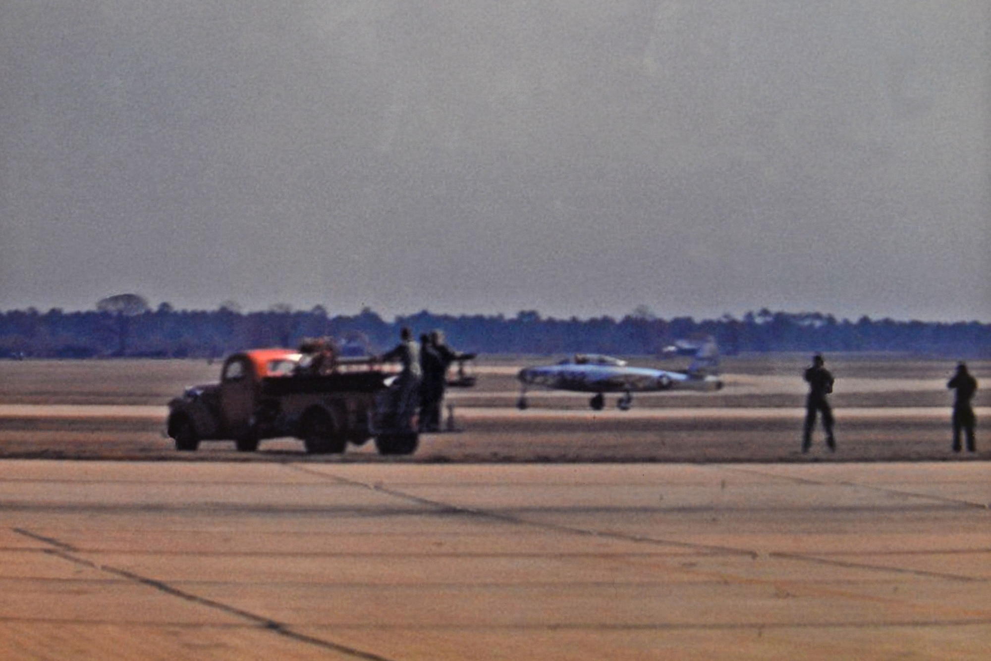 U.S. Air Force Lt. Col. Ball, 20th Fighter Group deputy commander and F-84 Thunderjet pilot, lands at Shaw Field, S.C., Feb. 17, 1948. This was the first jet aircraft landing at Shaw. (Courtesy photo)