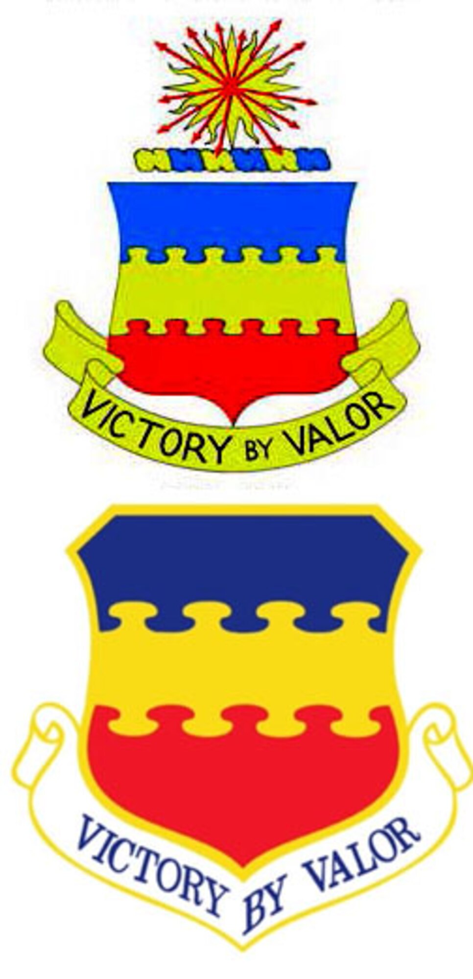 The 20th Pursuit Group, Fighter Group and Fighter-Bomber Group insignia from 1934-1955, top, and the 20th Fighter Wing insignia from 1991 to present. The blue portion of the crest represents the sky, the primary theatre of Air Force operations, the yellow portion represents the sun and excellence of Air Force members, and the red portion represents courage and valor highlighting the wing’s motto, “Victory by Valor,” displayed below the shields. (Courtesy graphic)
