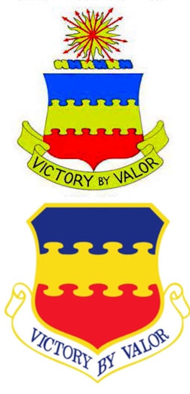 The 20th Pursuit Group, Fighter Group and Fighter-Bomber Group insignia from 1934-1955, top, and the 20th Fighter Wing insignia from 1991 to present. The blue portion of the crest represents the sky, the primary theatre of Air Force operations, the yellow portion represents the sun and excellence of Air Force members, and the red portion represents courage and valor highlighting the wing’s motto, “Victory by Valor,” displayed below the shields. (Courtesy graphic)