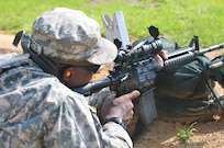 U.S. Army Reserve Spc. Matthew Roberts fires a round during weapons qualification July 22, 2017, Ft. Gordon, Ga. Roberts trains monthly to maintain Army standards and to support the Fight Tonight Initiative which is an effort to improve soldier readiness.