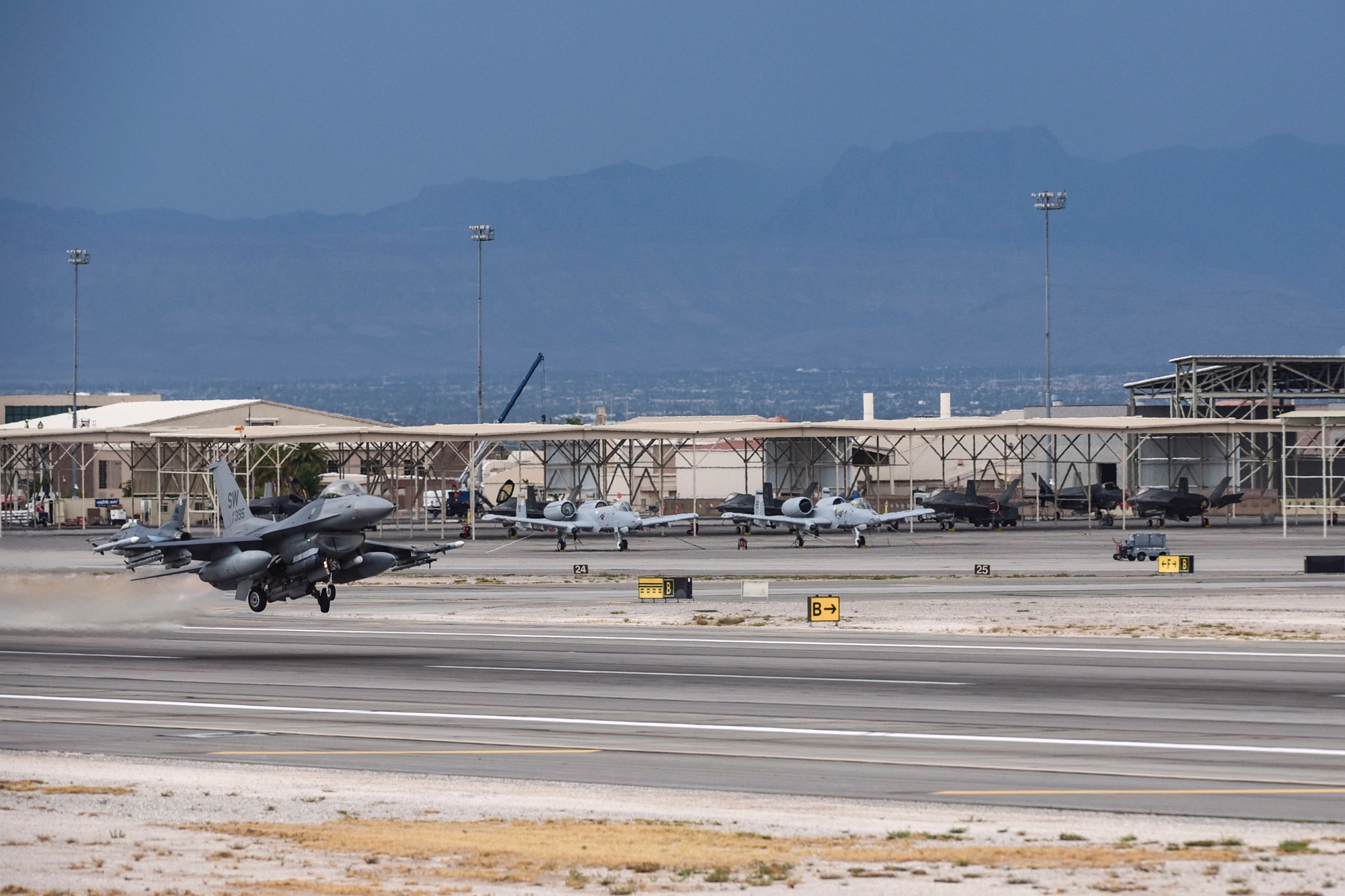 An F-16 Fighting Falcon from the 55th Fighter Squadron, Shaw Air Force Base, S.C., takes off from the runway at Nellis Air Force Base, Nev., during Red Flag 17-3 July 24, 2017. The 55th FS is one of several squadrons that are participating in the Air Force’s premier multi-domain integration combat training exercise. (U.S. Air Force photo by Airman 1st Class Andrew D. Sarver/Released)