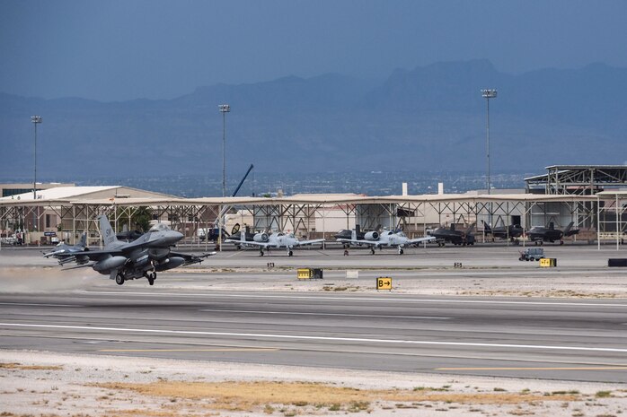 An F-16 Fighting Falcon from the 55th Fighter Squadron, Shaw Air Force Base, S.C., takes off from the runway at Nellis Air Force Base, Nev., during Red Flag 17-3 July 24, 2017. The 55th FS is one of several squadrons that are participating in the Air Force’s premier multi-domain integration combat training exercise. (U.S. Air Force photo by Airman 1st Class Andrew D. Sarver/Released)