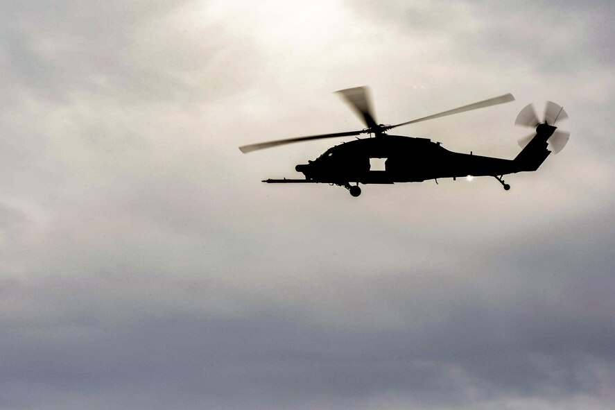 An HH-60G Pave Hawk helicopter assigned to the 66th Rescue Squadron flies by Nellis Air Force Base, Nev., during Red Flag 17-3 July 24, 2017. The 66th RQS is capable of providing rapidly deployable, expeditionary, and agile combat search and rescue forces in multiple environments around the world. (U.S. Air Force photo by Airman 1st Class Andrew D. Sarver/Released)