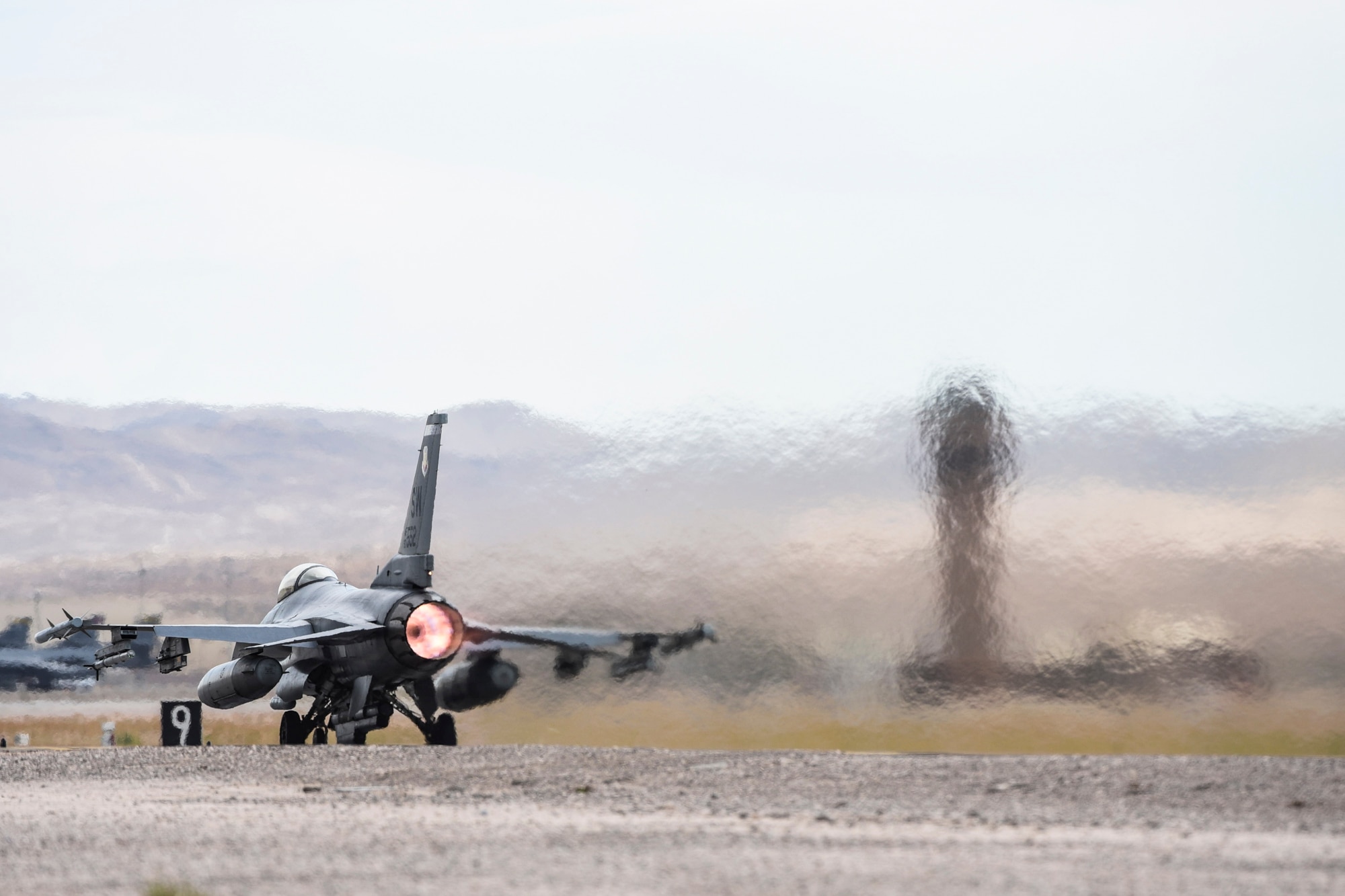 An F-16 Fighting Falcon from the 55th Fighter Squadron, Shaw Air Force Base, S.C., takes off during Red Flag 17-3 at Nellis Air Force Base, Nev., July 24, 2017. Dozens of units across the Department of Defense gathered at Nellis AFB to participate in Red Flag 17-3, the Air Force’s premier multi-domain integration combat training exercise. (U.S. Air Force photo by Airman 1st Class Andrew D. Sarver/Releaesd)
