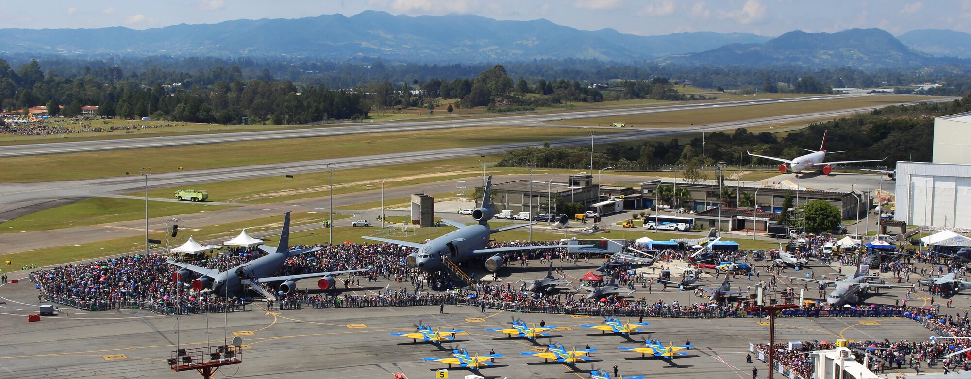 Guests tour various aircraft during Feria Aeronautica Internacional—Colombia 2017 in Rionegro, Colombia, July 14, 2017. The United States Air Force is participating in the four-day air show with two South Carolina Air National Guard F-16s as static displays, plus static displays of a KC-135, KC-10, along with an F-16 aerial demonstration by the Air Combat Command’s Viper East Demo Team. United States military participation in the air show provides an opportunity to strengthen our military-to-military relationships with regional partners and provides the opportunity to meet with our Colombian air force counterparts and facilitate interoperability, which can be exercised in future cooperation events such as exercises and training. (Courtesy Photo)
