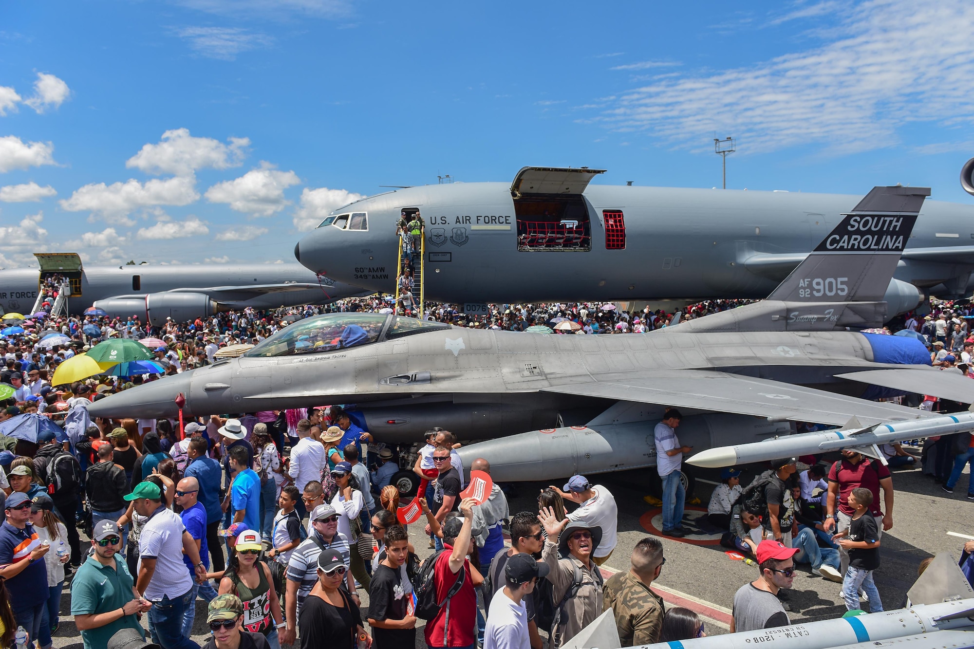 Guests attend Feria Aeronautica Internacional – Colombia  held at the José María Córdova International Airport in Rionegro, Colombia, July 16, 2017. United States military participation in the air show provides an opportunity to strengthen our military-to-military relationships with regional partners and provides the opportunity to meet with our Colombian air force counterparts and facilitate interoperability, which can be exercised in future cooperation events such as exercises and training. (U.S. Air National Guard photo by Senior Airman Megan Floyd)