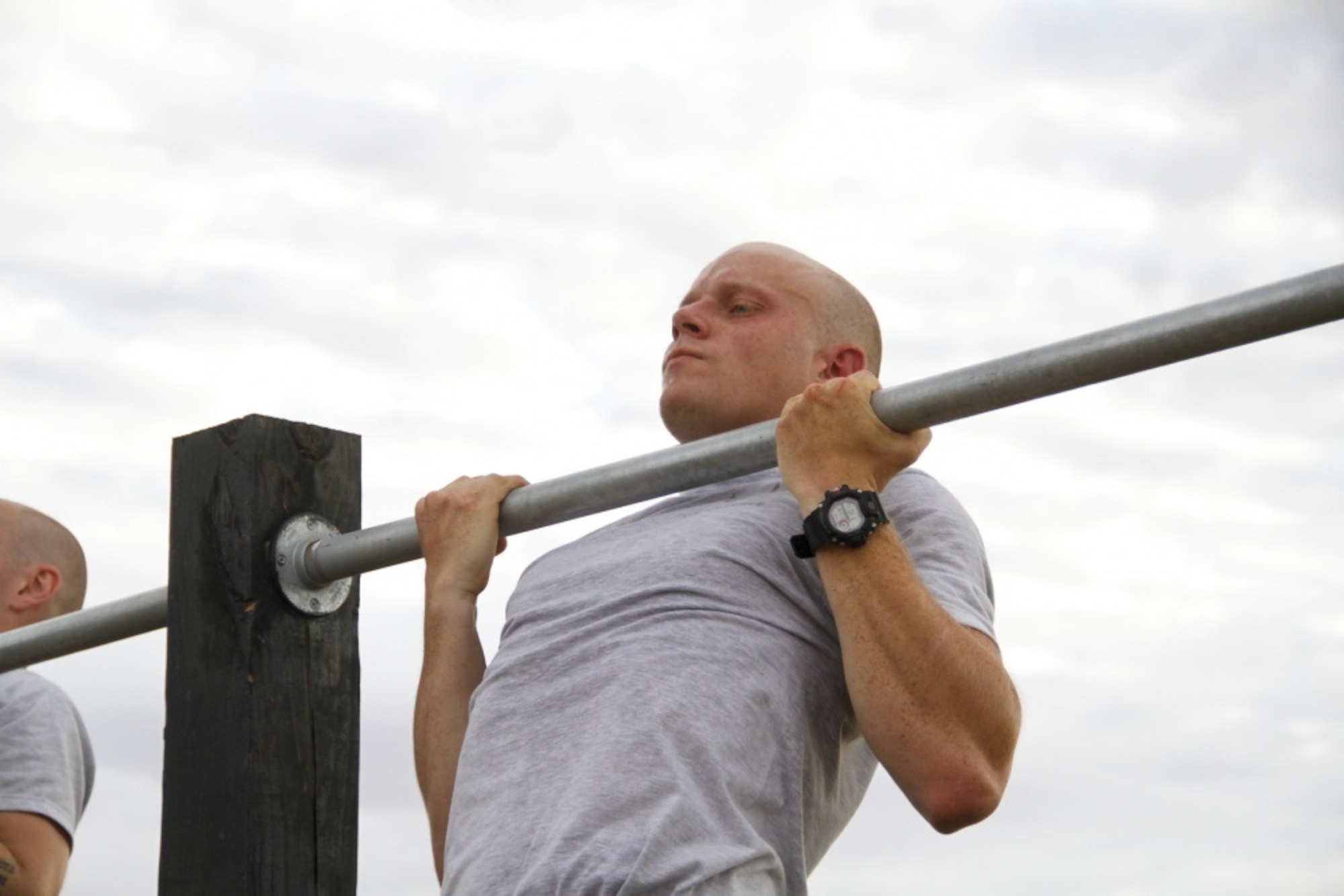 An Airman completes the six pull-ups necessary to pass the Ranger Physical Assessment at the Ranger Assessment Course at Fort Bliss. (U.S. Army photo by Abigail Meyer)