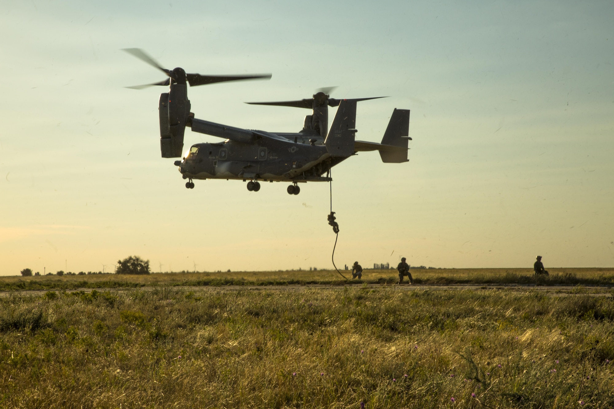 U.S. Special Operations Forces fast rope from a hovering CV-22 Osprey at Mykolaiv, Ukraine, July 14, 2017 during exercise Sea Breeze 17.  Sea Breeze is a U.S. and Ukraine co-hosted multinational maritime exercise held in the Black Sea and is designed to enhance interoperability of participating nations and strengthen maritime security within the region.