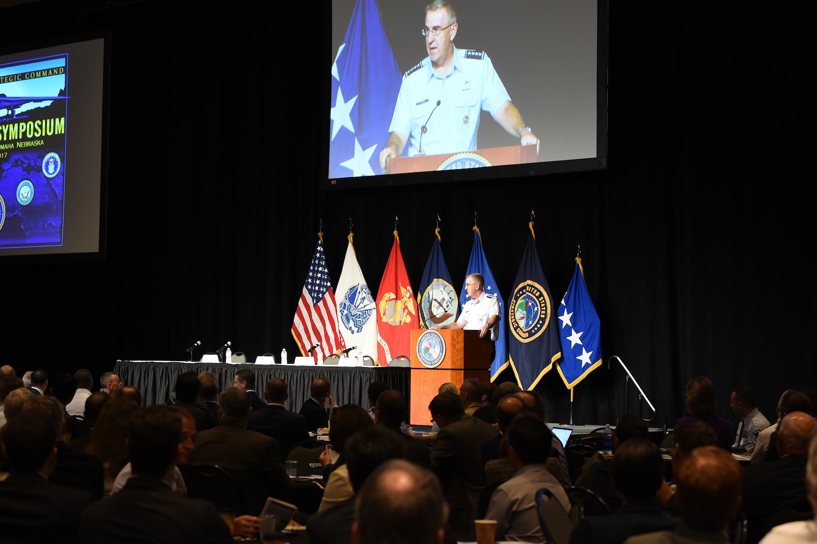 U.S. Air Force Gen. John. E. Hyten, commander of U.S. Strategic Command (USSTRATCOM), welcomes attendees to USSTRATCOM’s  annual Deterrence Symposium at the CenturyLink Center, Omaha, Neb., July 26, 2017. During the two-day symposium, industry, military, governmental, international and academic experts discussed and promoted increased collaboration to address 21st century strategic deterrence.  One of nine Department of Defense unified combatant commands, USSTRATCOM has global strategic missions assigned through the Unified Command Plan that include strategic deterrence, space operations, cyberspace operations, joint electronic warfare, global strike, missile defense, intelligence, and analysis and targeting. 