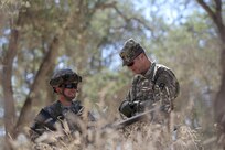 U.S. Army Reserve Spc. Adrick Montalvo, left, a Wheeled Vehicle Mechanic assigned to the 611th Quartermaster Company, based in Baltimore, Md., talks with Maj. Gen. Todd McCaffrey, commanding general of First Army Division East, during Combat Support Training Exercise 91-17-03, July 18, 2017, at Fort Hunter Liggett, Calif. Approximately 5,000 Army Reserve and National Guard forces participated in the exercise. First Army provided about 65 observer coach/trainers to augment their Army Reserve partners at the 91st Training Division and assist in training the most capable, combat-ready and lethal federal reserve force in the history of the nation.
(U.S. Army photo by Master Sgt. Anthony L. Taylor)