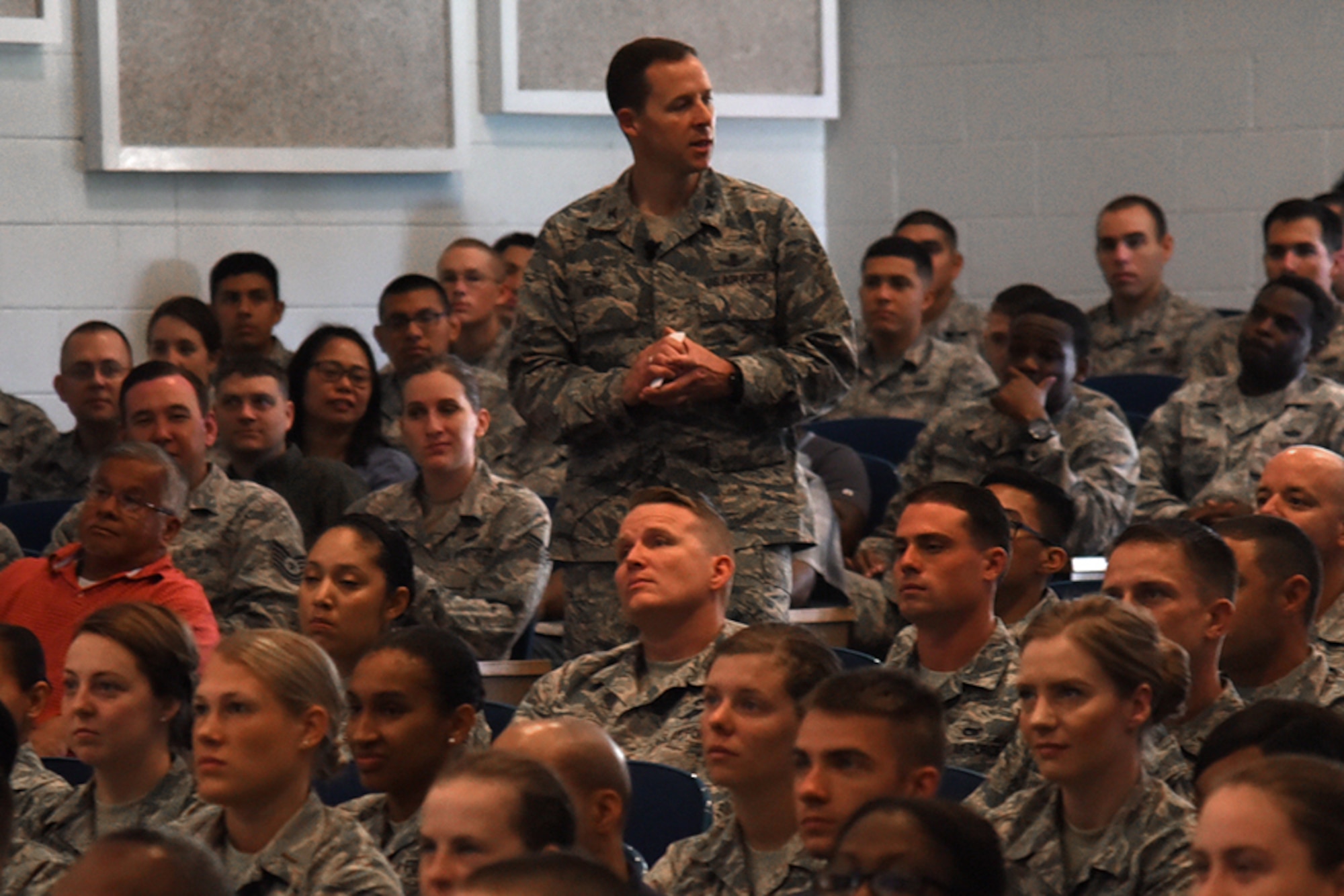 PETERSON AIR FORCE BASE, Colo. – Col. Todd Moore, 21st Space Wing commander, conducted his first commander’s call in the auditorium at Peterson Air Force Base, Colo., July 21, 2017. Moore assumed command of the wing July 11. (U.S. Air Force photo by Robb Lingley)