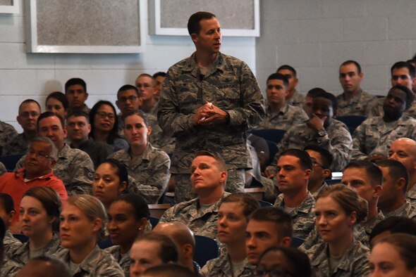 PETERSON AIR FORCE BASE, Colo. – Col. Todd Moore, 21st Space Wing commander, conducted his first commander’s call in the auditorium at Peterson Air Force Base, Colo., July 21, 2017. Moore assumed command of the wing July 11. (U.S. Air Force photo by Robb Lingley)