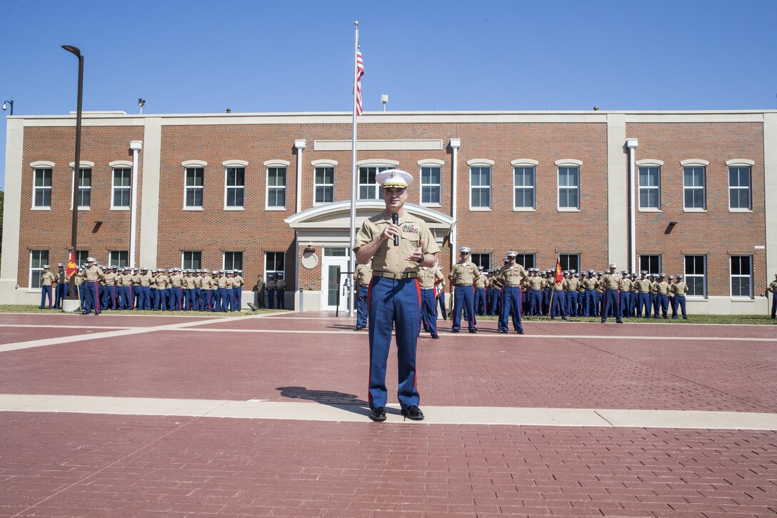 U.S. Marine Corps Col. Michael C. Taylor, company commander for Marine Corps Embassy Security Group (MCESG), speaks during a change of command ceremony at MCESG, Marine Corps Base Quantico, Va., July 19, 2017. The ceremony was held in order to signify the transition of command from Col. Rod Brewster, outgoing company commander for MCESG, to Taylor. (U.S. Marine Corps photo by Lance Cpl. Cristian L. Ricardo)