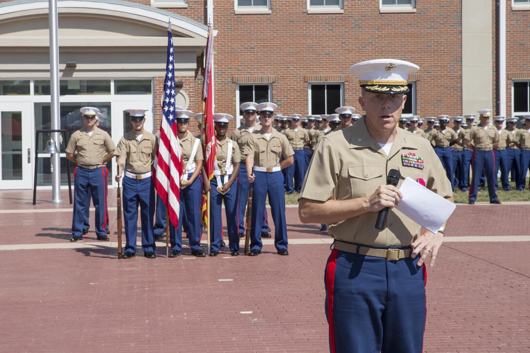 U.S. Marine Corps Col. Rod Brewster, outgoing commanding officer for Marine Corps Embassy Security Group (MCESG), speaks during his retirement ceremony at Marine Corps Base Quantico, Va., July 19, 2017. Brewster served 25 honorable years in the U.S. Marine Corps. (U.S. Marine Corps photo by: Lance Cpl. Cristian L. Ricardo)
