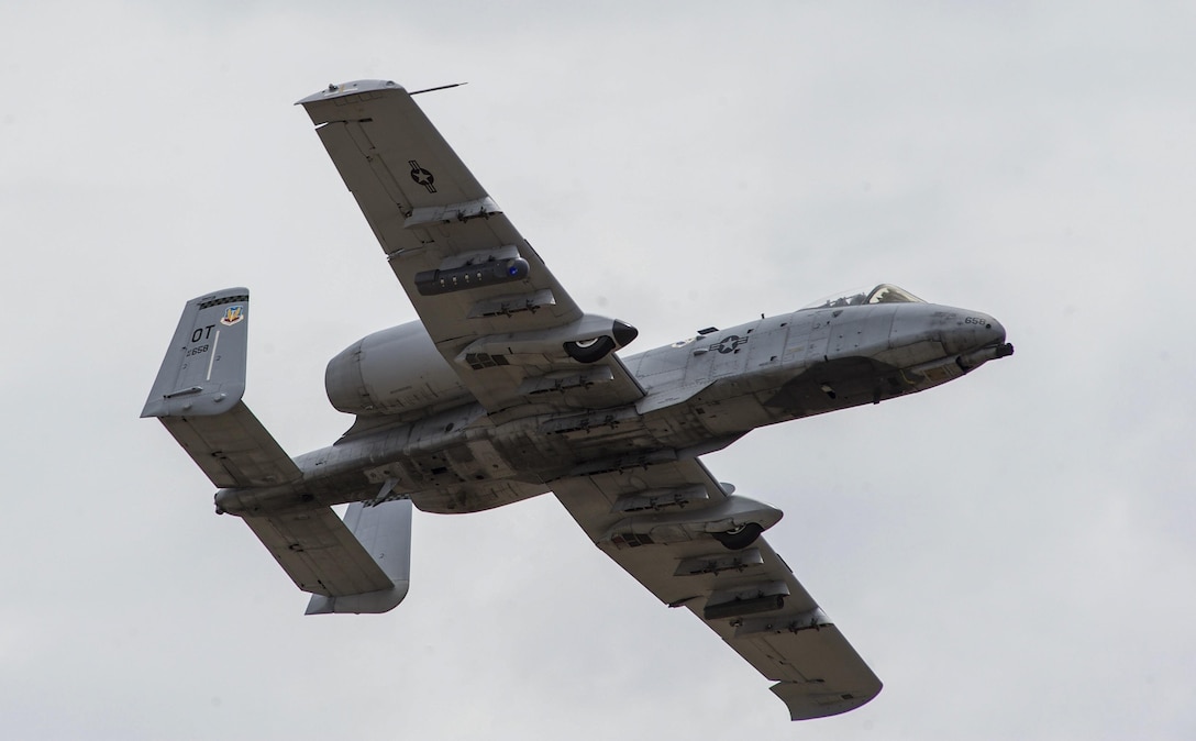 An A-10 Thunderbolt II attack aircraft participates in a training exercise on the Nevada Test and Training Range July 19, 2017. The A-10 can loiter near battle areas for extended periods of time and operate in low-ceiling and low-visibility conditions. (U.S. Air Force photo by Senior Airman Kevin Tanenbaum/Released)