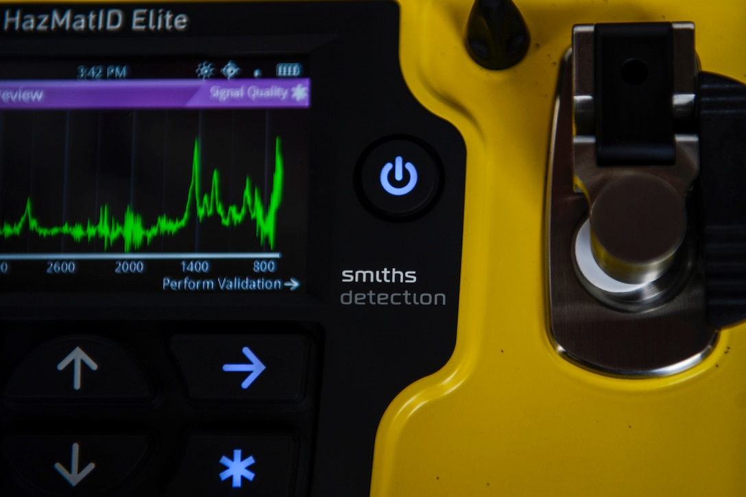 The HazMatID Elite chemical identifier performs an analysis on an unknown substance at Joint Base Langley-Eustis, Va., July 20, 2017. The HazMatID device identifies the percentages of unknown materials using an extensive library of substances in one minute or less. (U.S. Air Force photo/Airman 1st Class Kaylee Dubois)