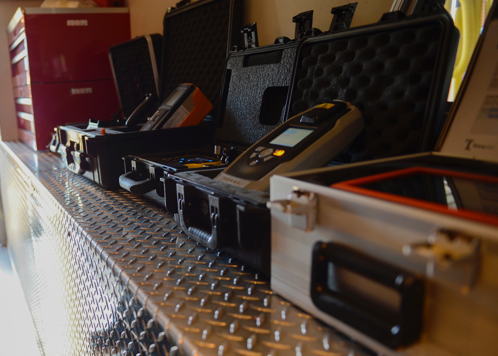 Equipment used to test hazardous materials fill a Fort Eustis Emergency Services truck at Joint Base Langley-Eustis, Va., July 20, 2017. Fort Eustis firefighters are trained in emergency management services and use equipment such as BioThreat Alert Reader and HazMatID Elite, to handle hazardous situations that may arise. (U.S. Air Force photo/Airman 1st Class Kaylee Dubois)