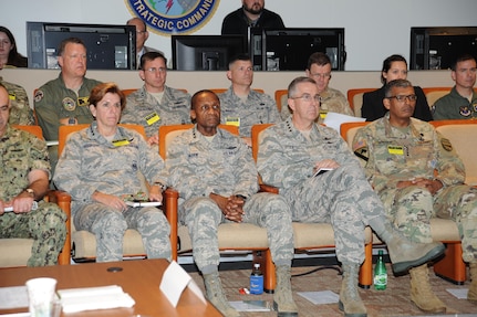 Front row, left to right: U.S. Air Force Gen. Lori Robinson, commander of NORAD and USNORTHERN Command; U.S. Air Force Gen. Darren McDew, commander U.S. Transportation Command (USTRANSCOM); United States Air Force Gen. John Hyten, commander, U.S. Strategic Command (USSTRATCOM); and U.S. Army Gen. Vincent Brooks, commander of United Nations Command and U.S. Forces Korea, attend the Classified Deterrence Seminar at USSTRATCOM headquarters, Offutt Air Force Base, Neb., July 25, 2017. During the seminar, senior military leaders from the U.S. and partner and ally nations, including the United Kingdom, New Zealand, Canada, the Republic of Korea, and Australia, discussed strategic deterrence and global security ahead of the eighth annual USSTRATCOM Deterrence Symposium. One of nine Department of Defense unified combatant commands, USSTRATCOM has global strategic missions assigned through the Unified Command Plan that include strategic deterrence, space operations, cyberspace operations, joint electronic warfare, global strike, missile defense, intelligence, and analysis and targeting. 