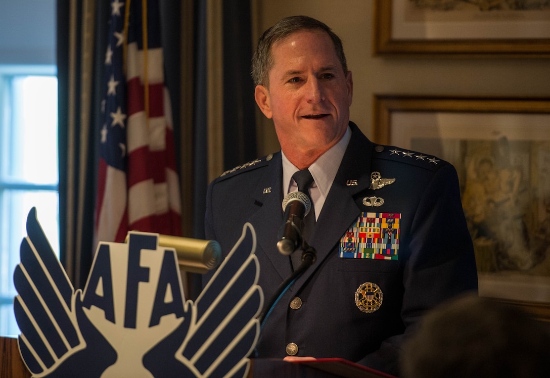 Air Force Chief of Staff Gen. David L. Goldfein speaks during an Air Force Association breakfast at the Mitchell Institute in Washington D.C., July 26, 2017. During his speech Goldfein outlined five key attributes the Air Force must be prepared for: trans-regional, multi-domain, multi-component, multi-national and fast. (U.S. Air Force photo/Senior Airman Rusty Frank)